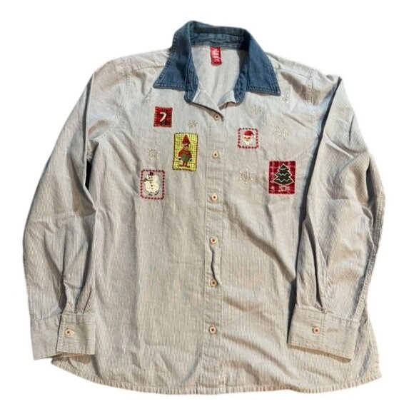 Womens L/G Christmas Button-Up Shirt With Denim Collar Striped Pattern Christmas - Picture 1 of 4